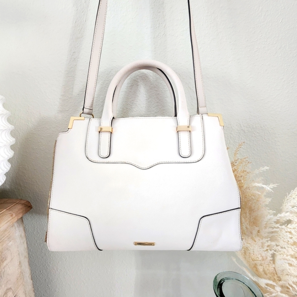 REBECCA MINKOFF white purse with removable shoulder strap and gold tone detail